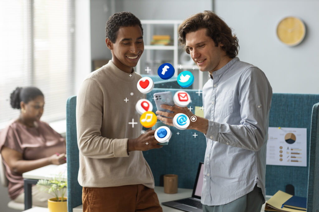 medium shot men holding smartphone